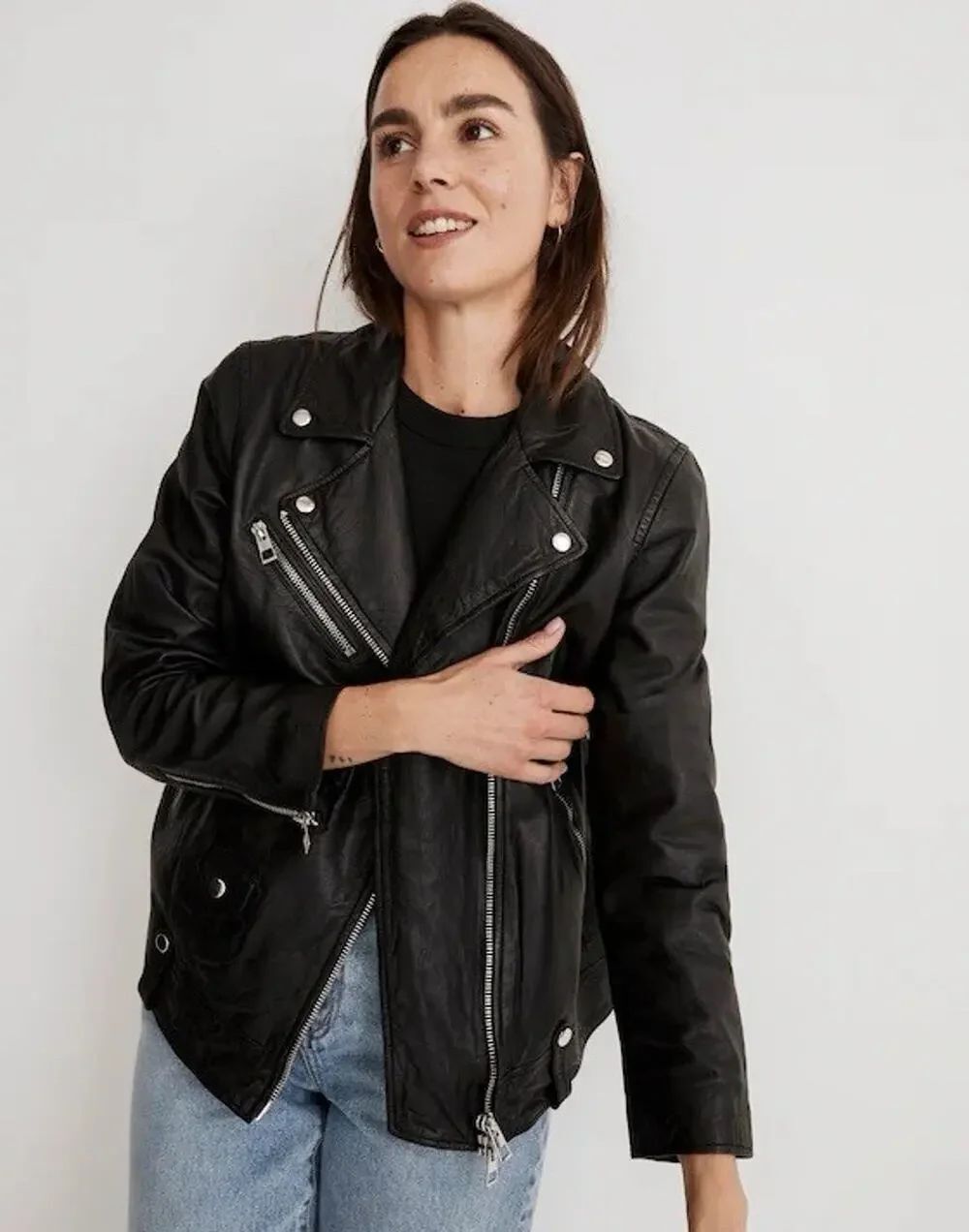 Madewell Washed Leather Oversized Motorcycle Biker Jacket Black Medium